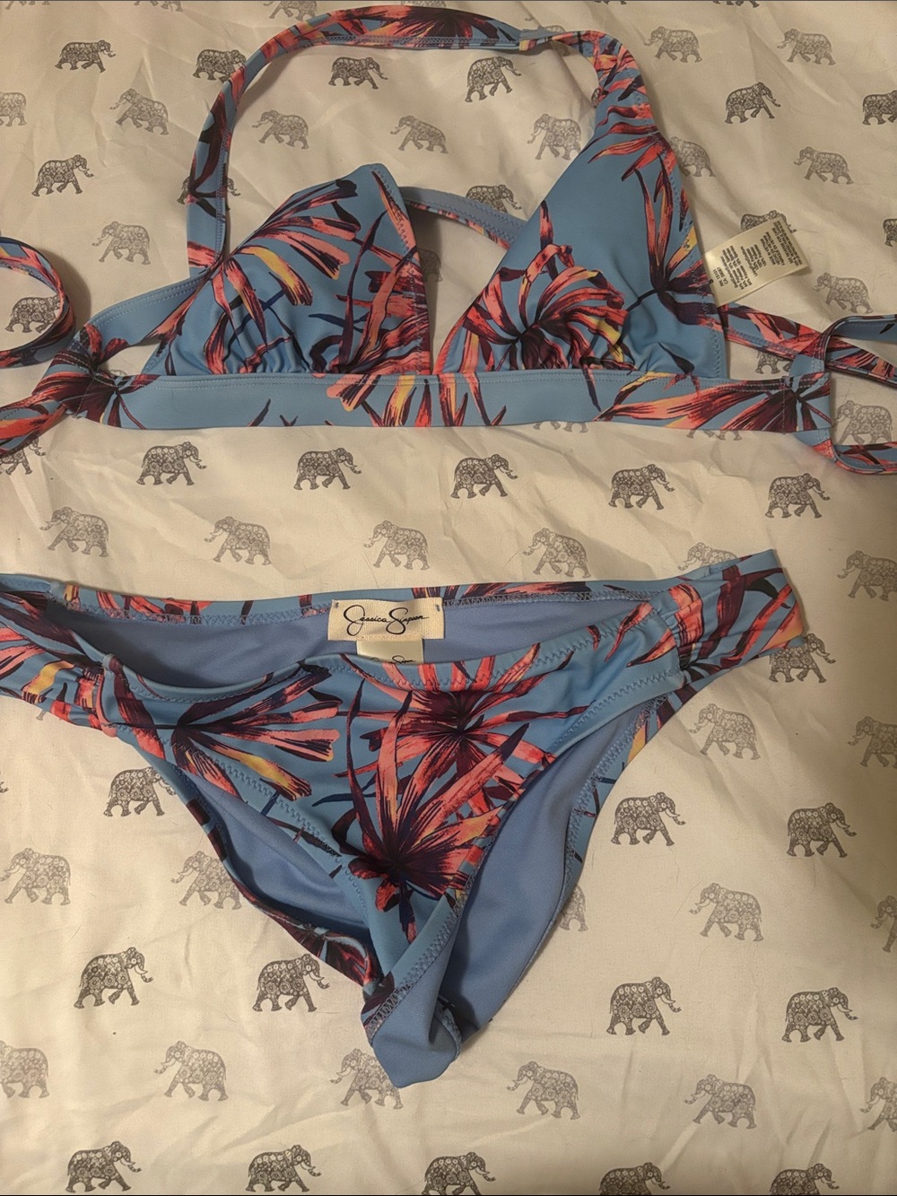 Jessica Simpson Blue Bikini Set with Pink Coral Floral Print